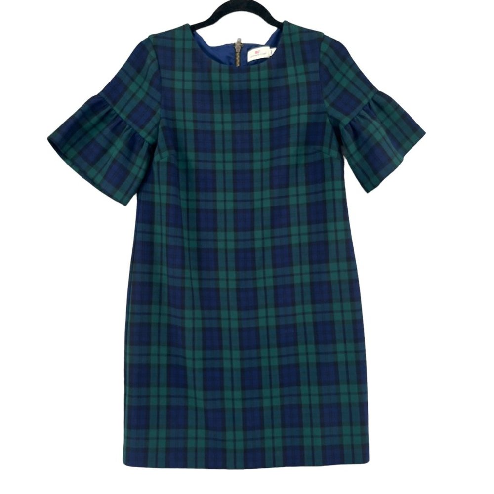 Vineyard Vines Womens Blue And Green Blackwatch Flutter Sleeve Dress Size 0